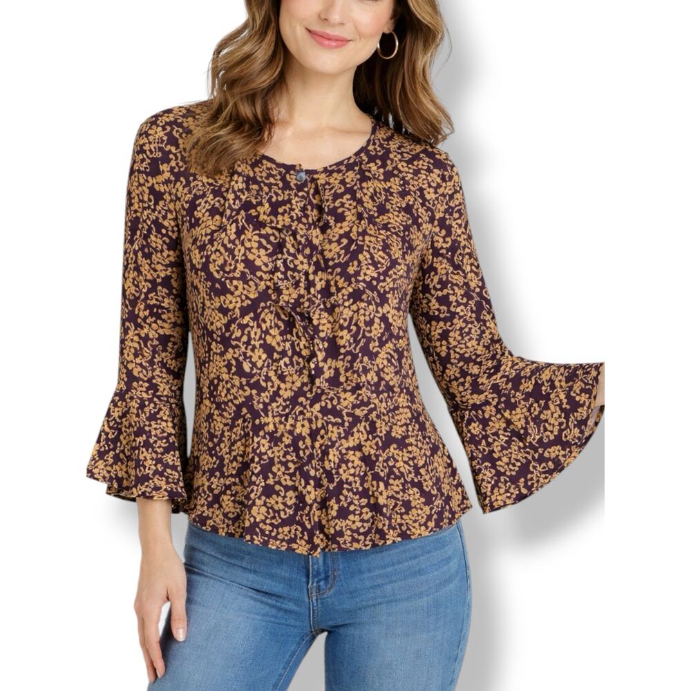 Vintage Carol Little Floral Bell Sleeve Blouse Purple Gold Size 10 Boho Poet